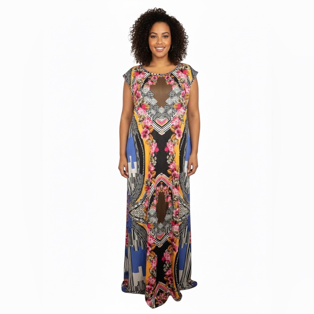 24Seven, Colorful Print Maxi Dress w/ Side Slit, Plus Size 3X, NWT